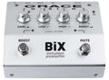 Silver instrument preamplifier pedal with four knobs and two footswitches, labeled BiX instrument preamplifier.