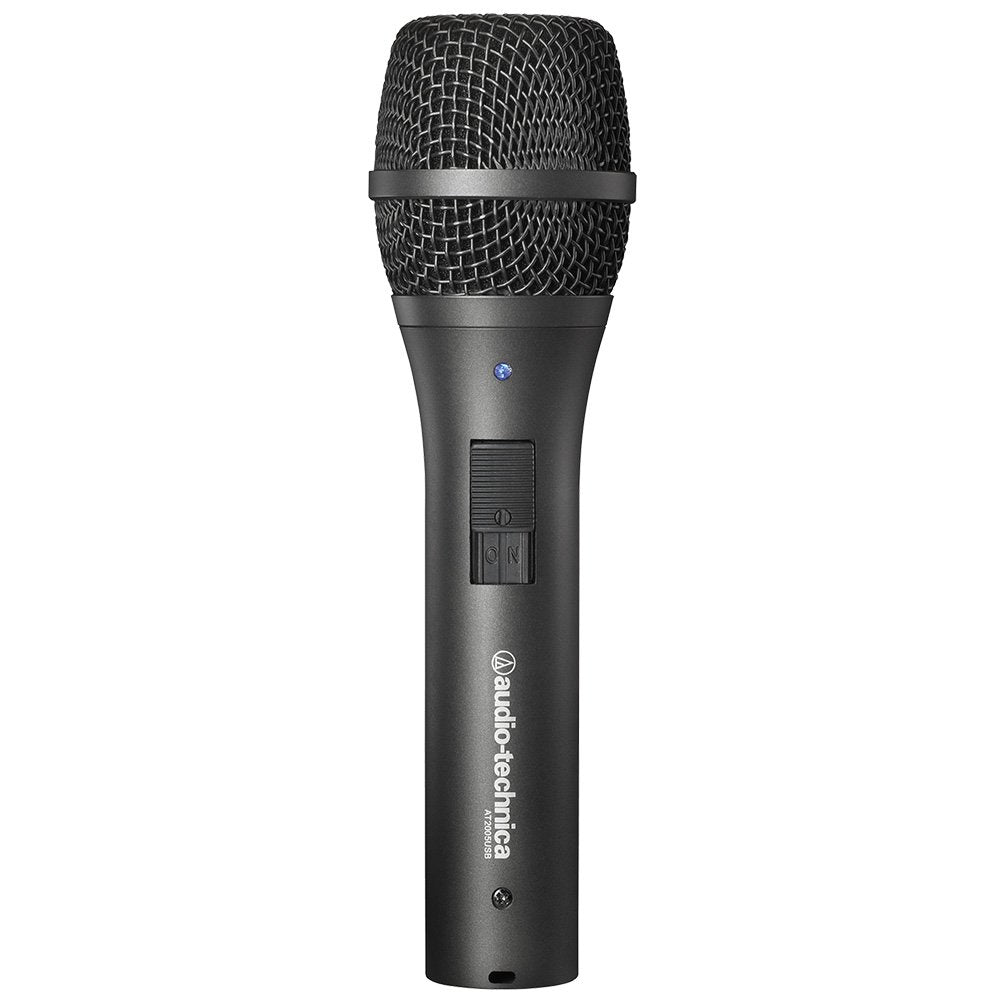 Black handheld microphone with metal mesh grille and on/off switch on the body.