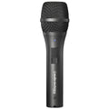 Black handheld microphone with metal mesh grille and on/off switch on the body.