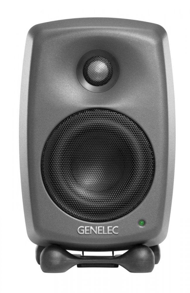 Front view of a gray Genelec studio monitor speaker with two drivers and a green indicator light.