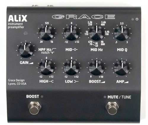 Black Grace Design ALiX instrument preamplifier with various control knobs and two footswitches on its face.