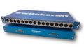 Blue Switchcraft rackmount patchbay with 16 female XLR connectors front and two DB25 connectors rear.