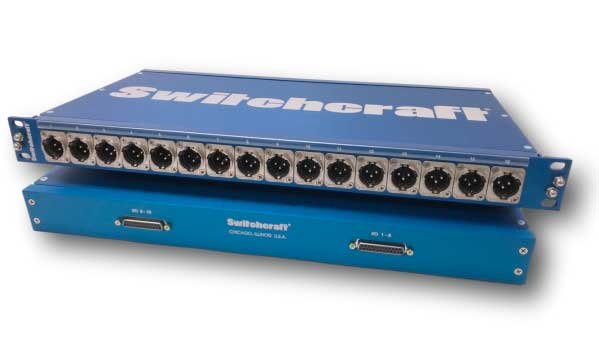 Blue Switchcraft rackmount patchbay with 16 female XLR connectors front and two DB25 connectors rear.