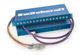 Blue Switchcraft patchbay unit with multiple 1/4-inch jack sockets and attached multi-conductor cables.