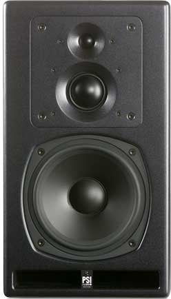Front view of a black studio monitor speaker with three drivers and PSI logo at the bottom.