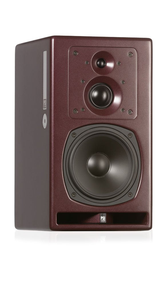 Red studio monitor speaker with three drivers and PSI AUDIO logo at the front bottom.