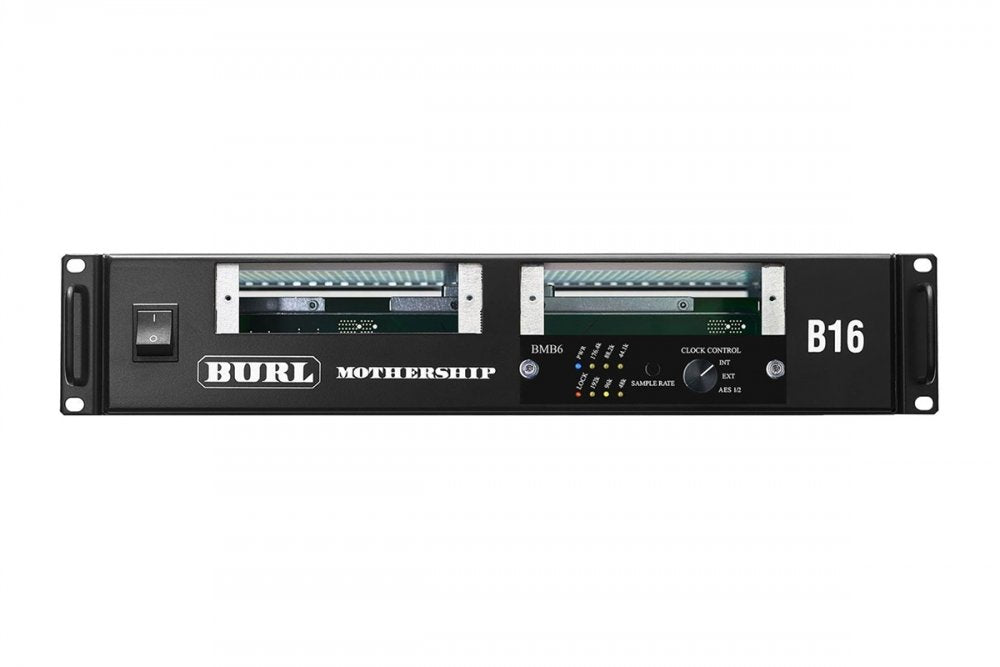Front panel of a black audio rack unit labeled B16 and BMB6 with power switch and clock control knob.