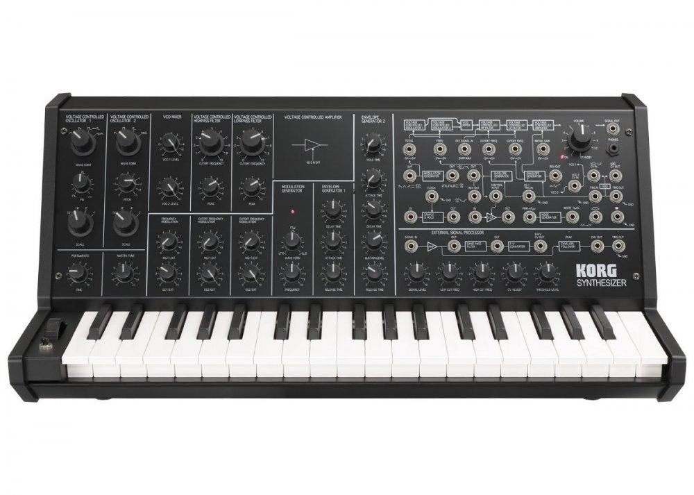 Black keyboard synthesizer with multiple knobs and patch cable jacks labeled KORG synthesizer.