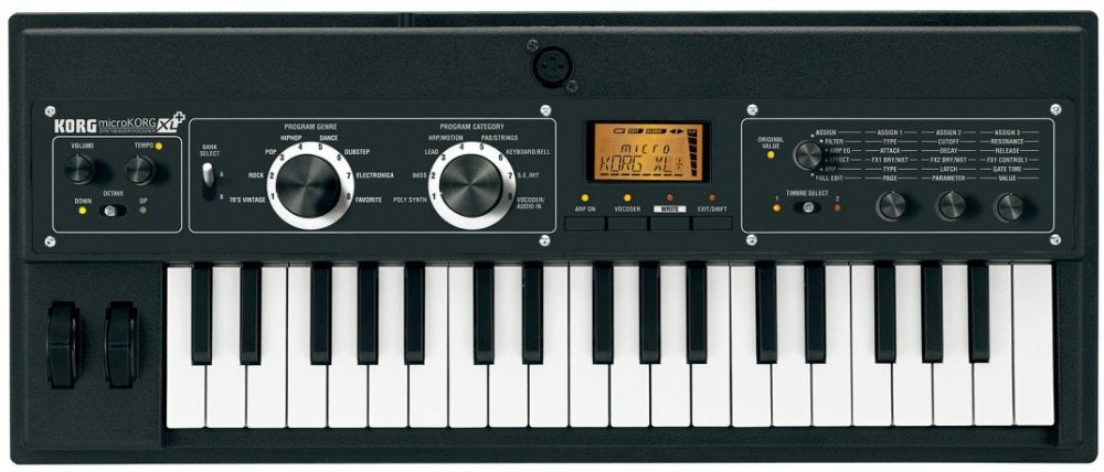 Black synthesizer keyboard with white and black keys, knobs, dials, a small display, and MIDI connector on top panel.