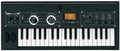 Black synthesizer keyboard with white and black keys, knobs, dials, a small display, and MIDI connector on top panel.