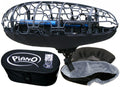 Blue microphone mounted in black metal shock mount with black soft case and gray furry windscreen.