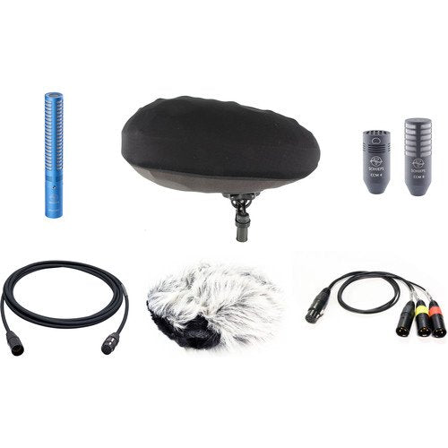 Set of microphones, cables, and wind protection accessories including a blue microphone, two capsule heads, and cables with XLR connectors.