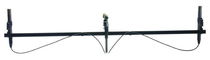 Two microphones mounted on a horizontal boom bar attached to a microphone stand.