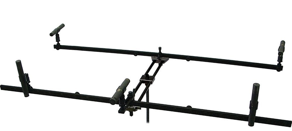 Five SCHOEPS compact condenser microphones — two CCM 41 L supercardioids and three CCM 4 L cardioids — shown with MAB 1000 mounting bars and CB-MAB bracket from the OCT Surround Set, on a neutral background.
