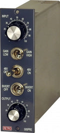 Studio preamp module with input and output knobs, three toggle switches, labeled Retro 500PRE.