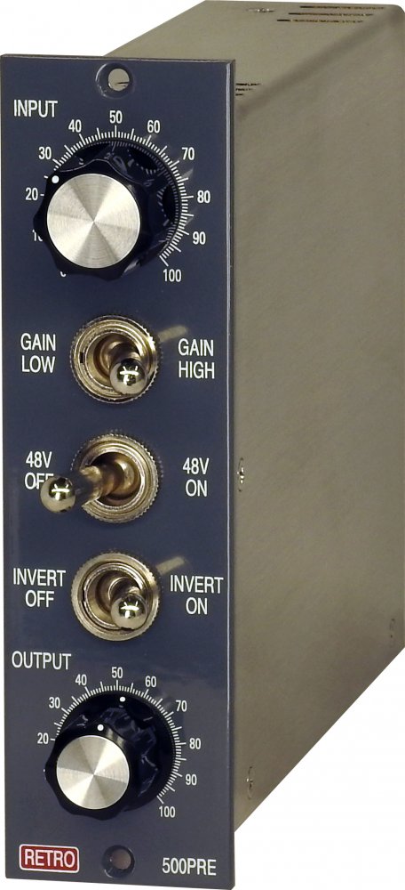 Studio preamp module with input and output knobs, three toggle switches, labeled Retro 500PRE.