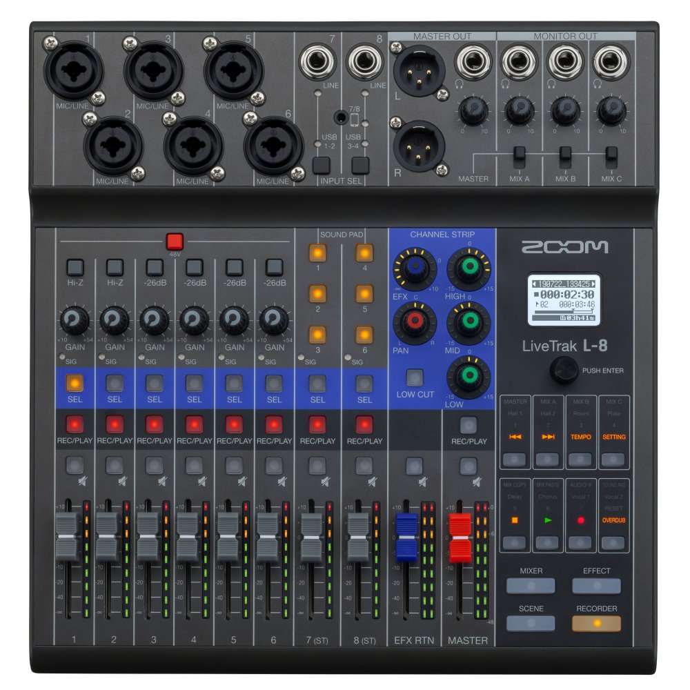 Top view of a Zoom LiveTrak L-8 mixer with multiple input jacks, knobs, faders, buttons, and a small display screen.