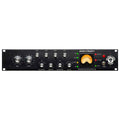 Black audio rack unit with multiple silver knobs, a VU meter, LED indicators, and a power toggle switch.