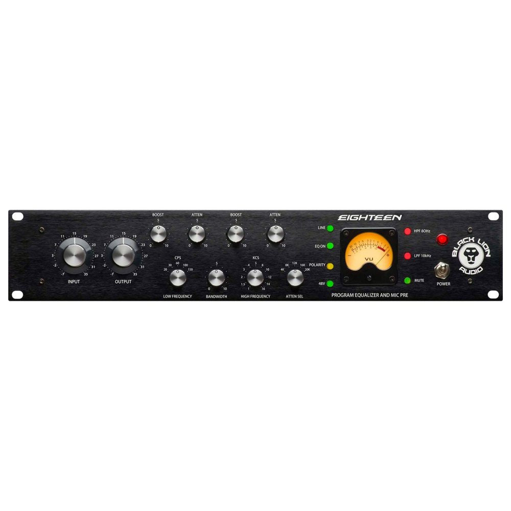 Black audio rack unit with multiple silver knobs, a VU meter, LED indicators, and a power toggle switch.