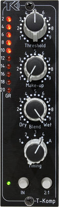 Front panel of a T-Komp audio processor with four rotary knobs, LED meters, and two push buttons.