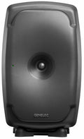 Front view of a black Genelec studio monitor speaker with a central tweeter and a green indicator light.