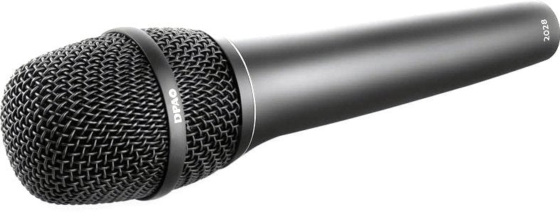 Black handheld microphone with mesh grille and white text reading DPAQ and 2028 on body.