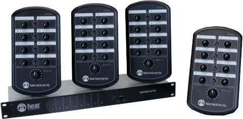 Four black audio control units and one rack-mounted unit with knobs and connectors are shown on a white background.