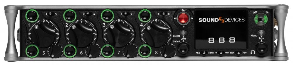 Front panel of a SOUND DEVICES device with rotary knobs, buttons, a display showing 888, and a power switch.