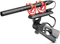 Black shotgun microphone mounted on a clip with red shock mount bands and an attached cable with XLR connector.