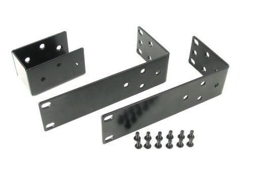 Three black metal brackets and six black screws on a white background.