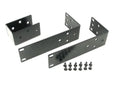Three black metal brackets and six black screws on a white background.