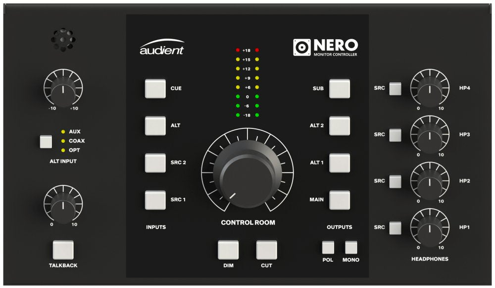 Black monitor controller with multiple rotary knobs, buttons, and LED levels for control room and headphones levels.