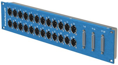 Blue metal patchbay panel with 24 XLR connectors and 3 D-sub connectors labeled 1-8, 9-16, and 17-24
