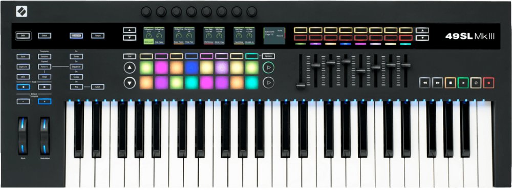 Black MIDI keyboard controller with 49 keys, colorful pads, knobs, faders, and various control buttons.