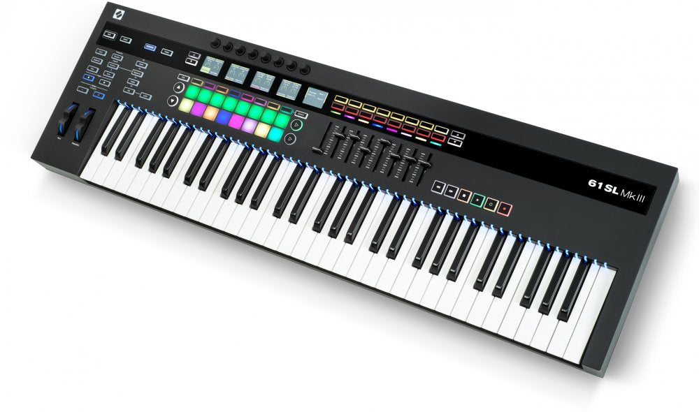 Black MIDI controller keyboard with 61 keys, colored pads, knobs, sliders, and joystick controls.