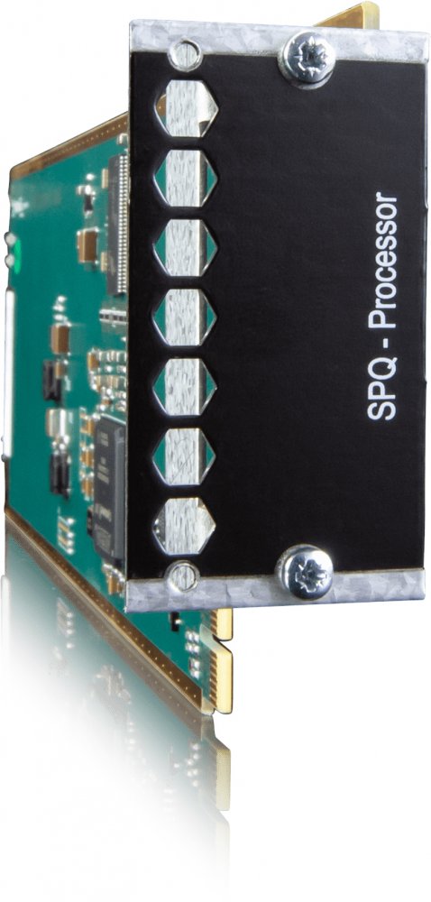 Circuit board card with metal faceplate labeled SPQ - Processor and edge connector