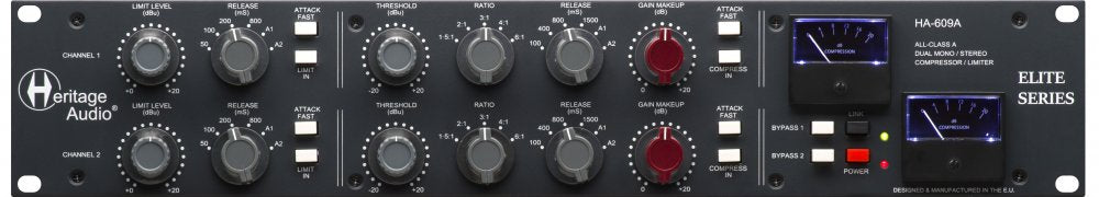 Black audio processor panel with knobs, switches, meters, and Heritage Audio branding in a rack unit format.
