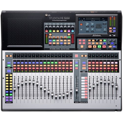 Top view of a PreSonus StudioLive 32SX digital mixing console with faders, buttons, knobs, and touchscreen display.