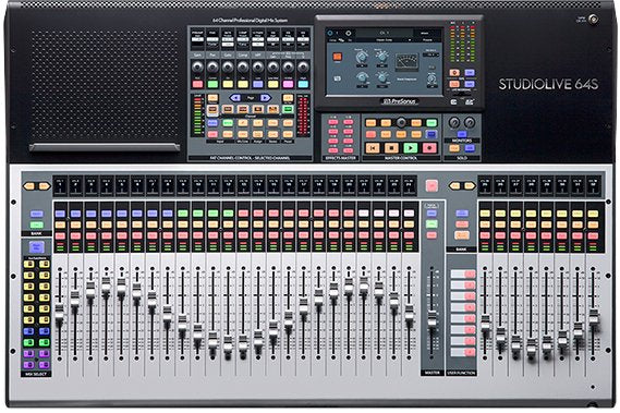 A digital mixer with 64 faders, multi-colored buttons, rotary knobs, and a touchscreen display.