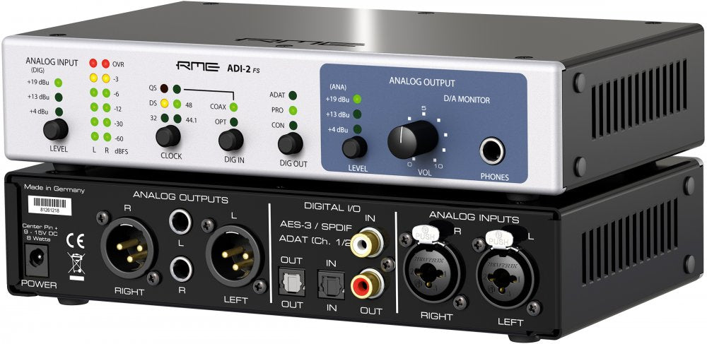 Front and rear views of a black and silver audio converter with analog and digital inputs and outputs, including XLR, RCA, and optical connectors.