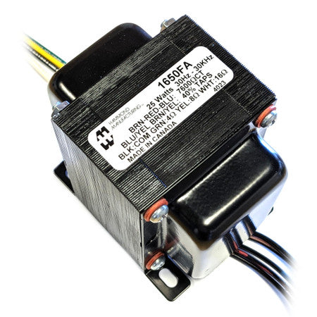 Black Hammond transformer with wires and label showing model 1650FA and specifications.