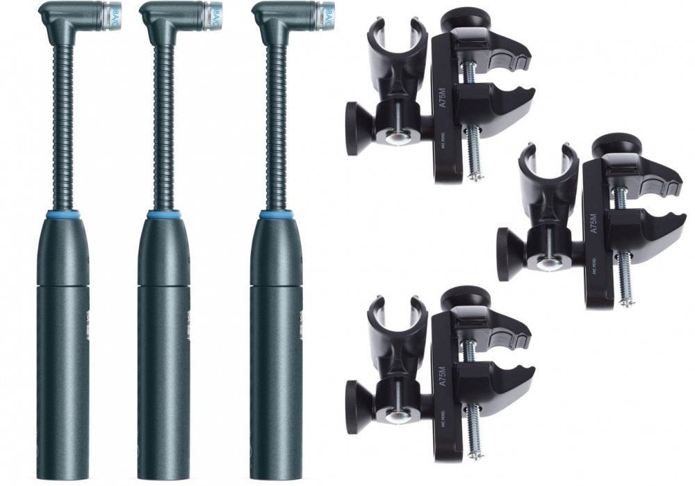 Three small black microphones with right-angle XLR connectors and three black mounting clips with adjustment knobs.