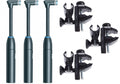 Three small black microphones with right-angle XLR connectors and three black mounting clips with adjustment knobs.