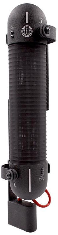 Black cylindrical microphone with mesh body and visible AEA logo