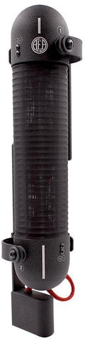 Black cylindrical microphone with mesh body and visible AEA logo