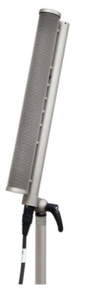 Long silver shotgun microphone mounted on a stand with an attached cable and adjustment lever.