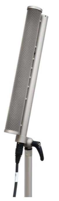 Long silver shotgun microphone mounted on a stand with an attached cable and adjustment lever.