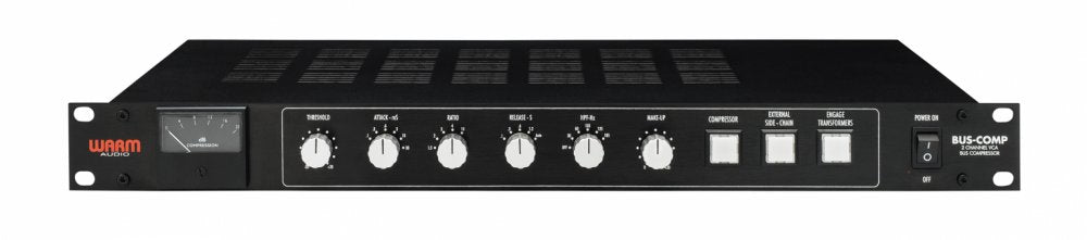 Front panel of a rackmount audio compressor with rotary knobs, push buttons, a toggle power switch, and a compression meter.