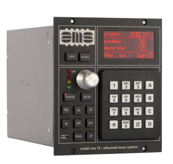 Black AMS RMX16 audio processor module with buttons, a rotary knob, keypad, and red digital display.