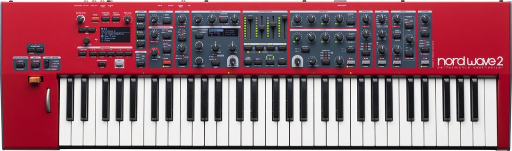 Red and black synthesizer keyboard with various knobs, sliders, buttons, and digital display screen.